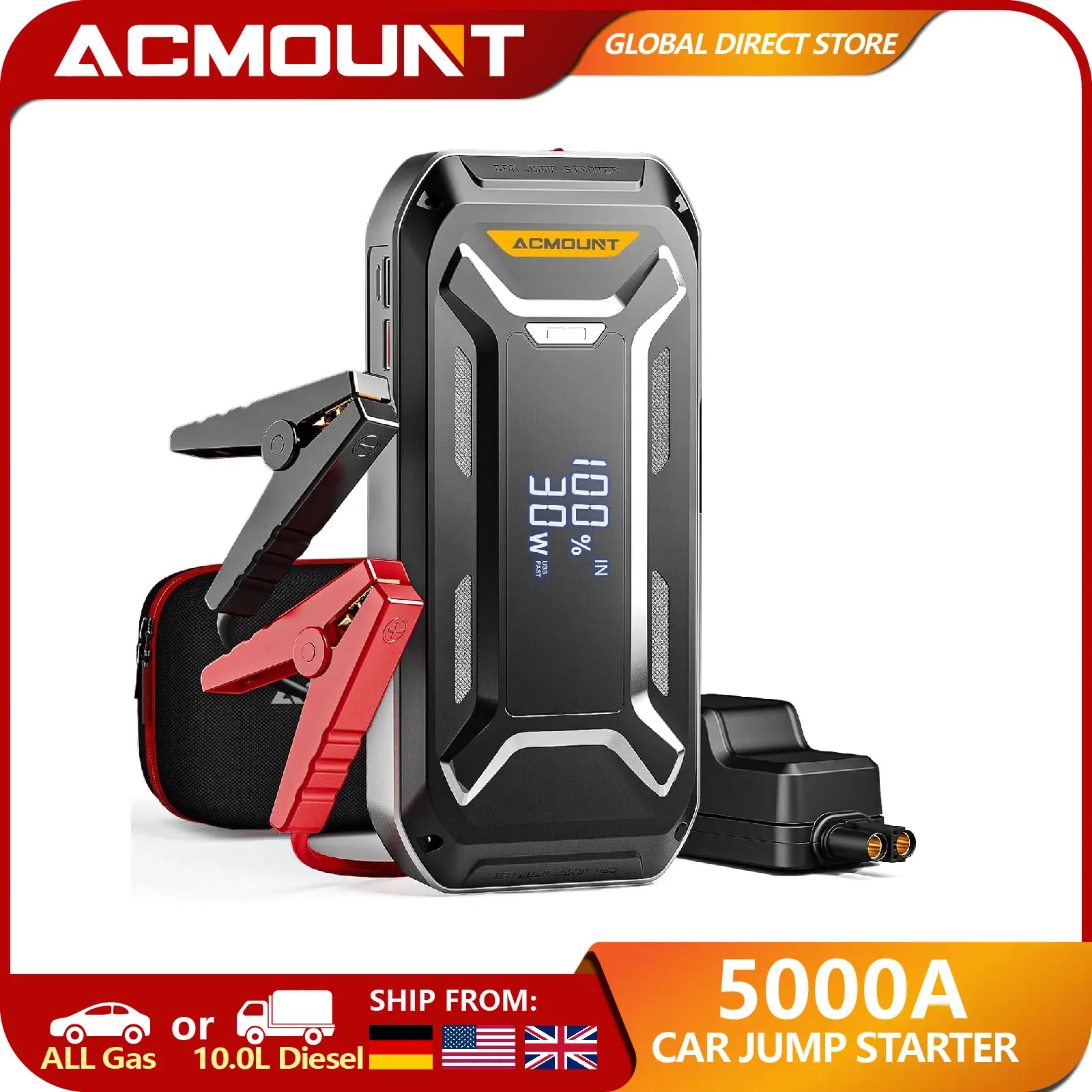 ACMOUNT 5000A Car Jump Starter (All Gas & 10.0L Diesel Engine), 12V Portable Battery Charger for Emergency