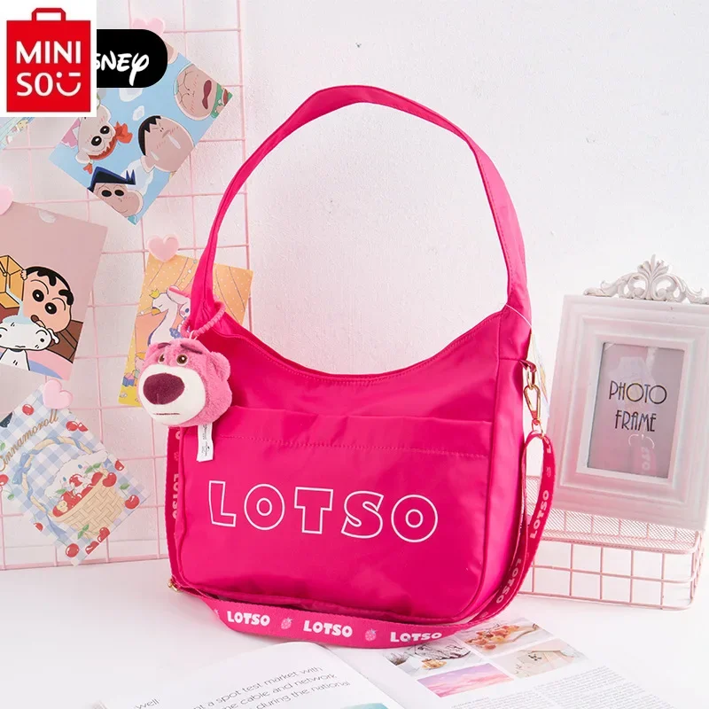 MINISO Disney Cartoon Strawberry Bear Doll Pendant Large Capacity Underarm Bucket Bag Student Cute High Quality Handbag