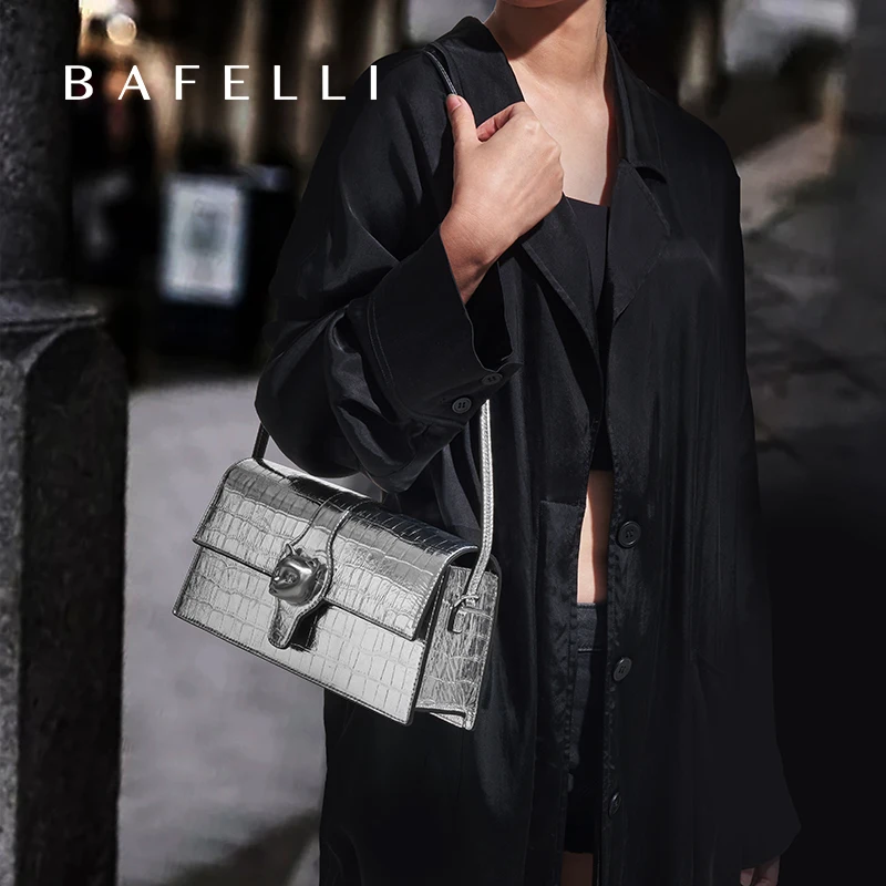 BAFELLI NEW WOMEN'S LUXURY BAGS CAT BRAND FASHION HANDBAG SILVER LEATHER CLUTCH STYLISH EVENING CASUAL PURSE HIGH QUALITY