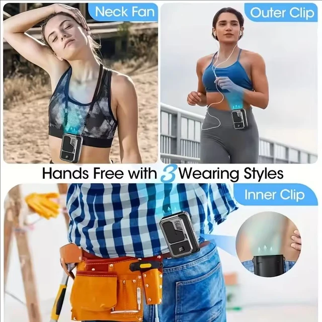 New Protable Neck Waist Fan Powerful Brushless Motor with Digital Display 3 Wind Speeds 3000mAh Large Battery Emergency LED 4