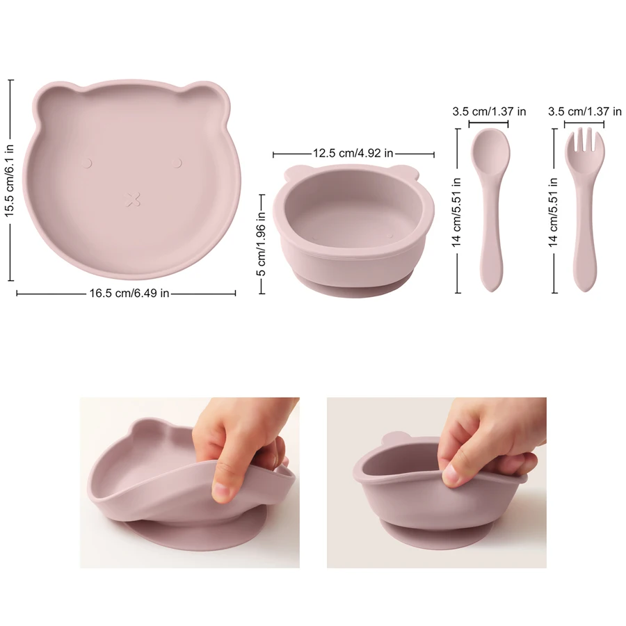 4PCS Baby Silicone Dinner Set Suction Cartoon Bear Bowl Dishes Silicone Spoon Fork Eating Training Baby Tableware Soft Utensils 6