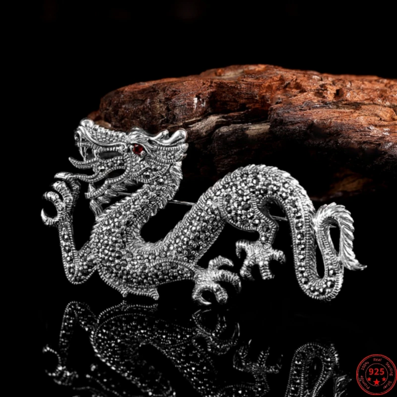 

S925 Sterling Silver Brooches for Women New Women's Fashion Zircon Marcasite Dragon Pin Corsage Punk Jewelry Free Shipping