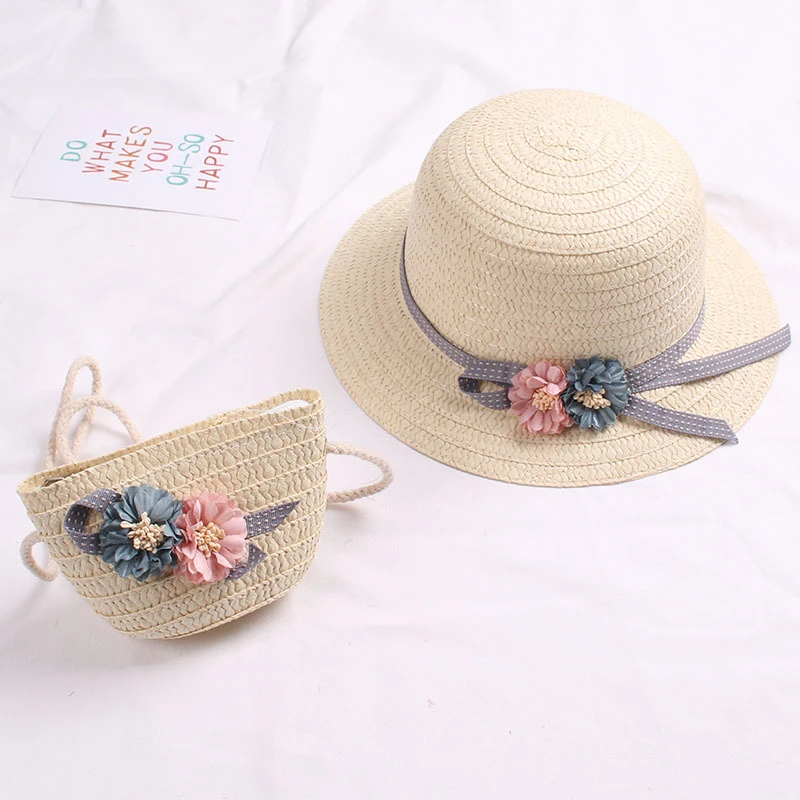 Summer Baby Straw Hat With Handbag Flower Breathable Beach Hat Bags Kids Boy Girls Sun Visor UV protection panama gorras