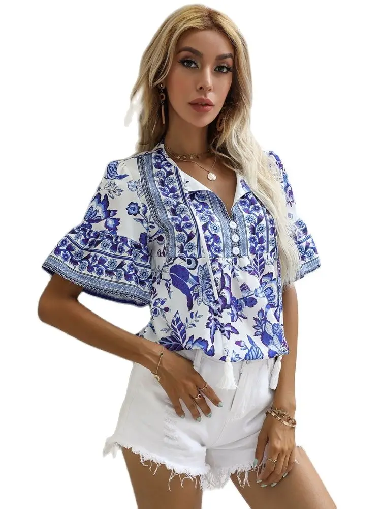 

Xylocarp-Crew-Neck Shirt for Women, Printed Short Sleeve, Boho Style, Summer, QL6883, 2023