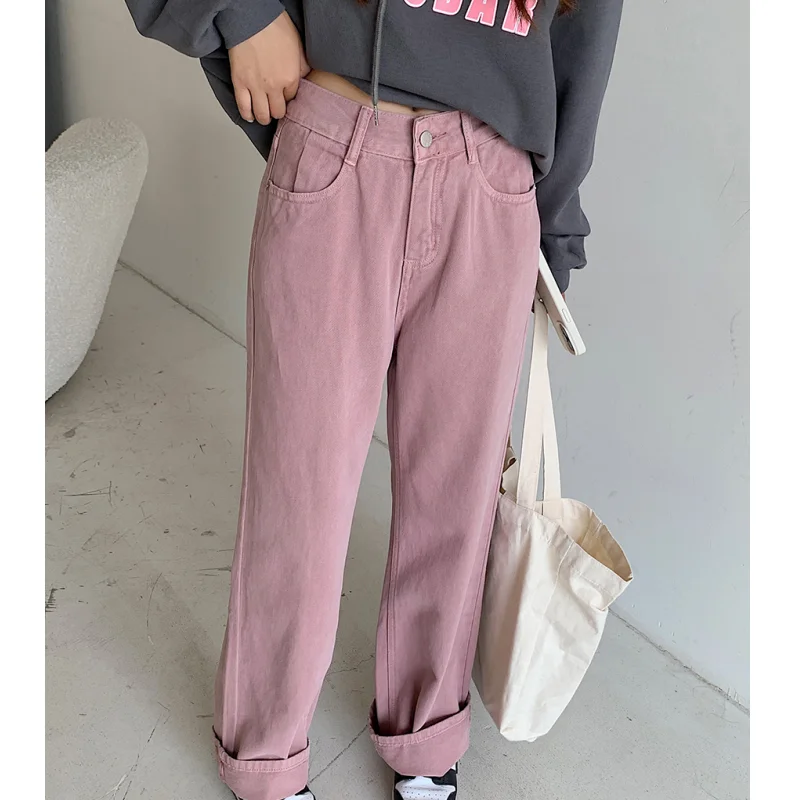 

Pink Jeans Women High Waist American Wide Leg Pants Fashion Hip Hop Vintage Female Street 2023 Straight Summer Solid Trousers
