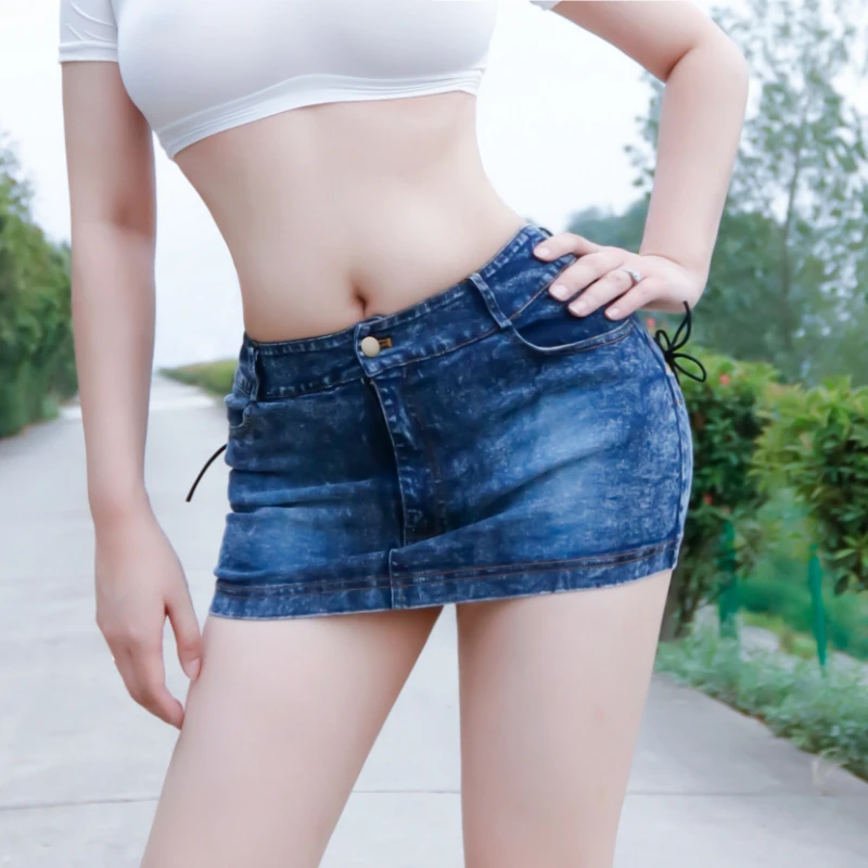 Low Rise Waist Open Crotch Bandage Pencil Micro Mini Jeans Skirt Tight Slim Package Hip Skirt Stripe Hollow Out Club Dance