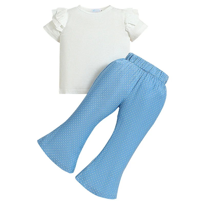 

Летняя детская одежда, наряд для девочек, корейская мода, хлопковые белые детские топы с коротким рукавом + расклешенные джинсы в горошек, комплект детской одежды BC683