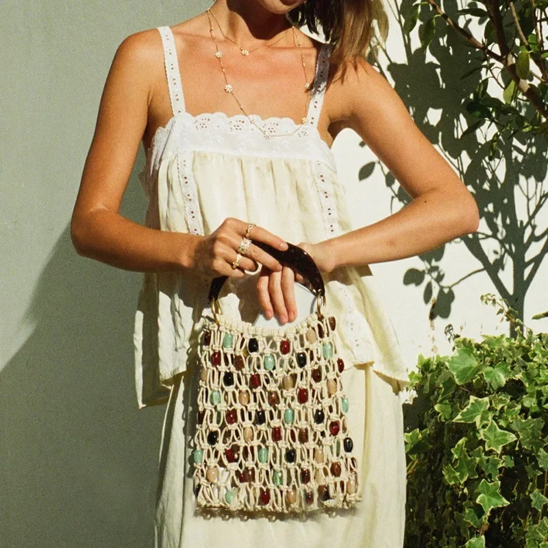 Borsa Vintage Artigianale con Perline, Borsa a Secchiello di Lusso Traforata di Design, Nuova Borsa Estiva da Spiaggia per Donne - immagine 5