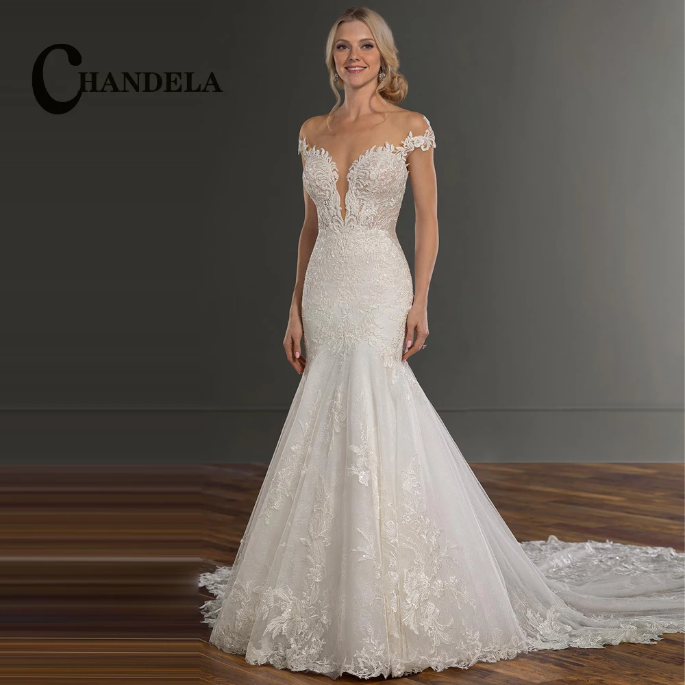 

Шикарное свадебное платье CHANDELA, кружевное платье с глубоким круглым вырезом, с аппликацией и открытой спиной, свадебное платье, сделанное на заказ, женское платье