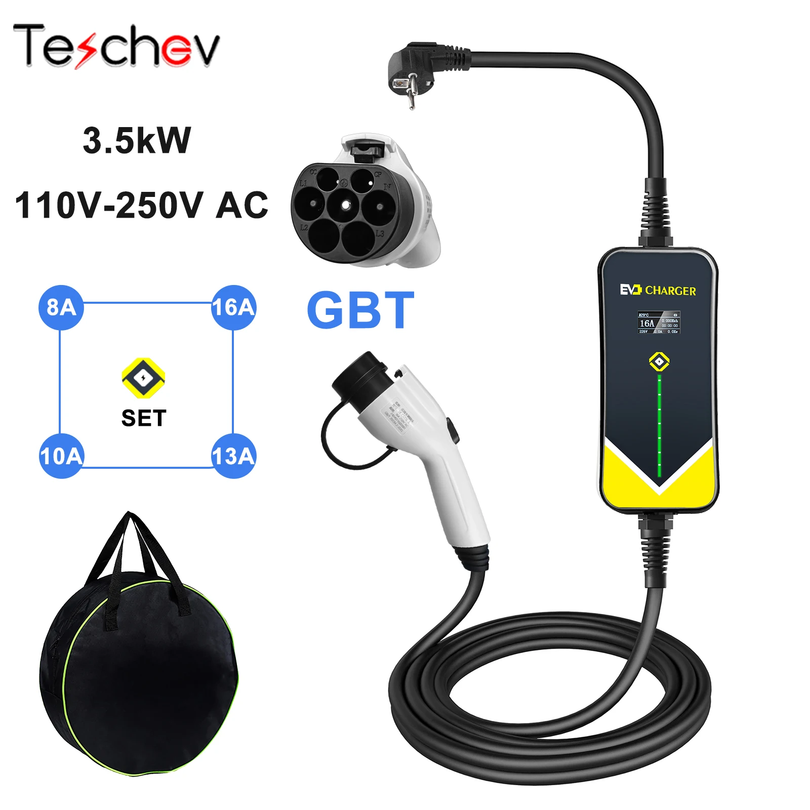 Car Battery Charger Teschev 110V 230V GBT EV Charger Electric Vehicle Charger Level 2 EVSE Charging Cable Wallbox Type 2 16A