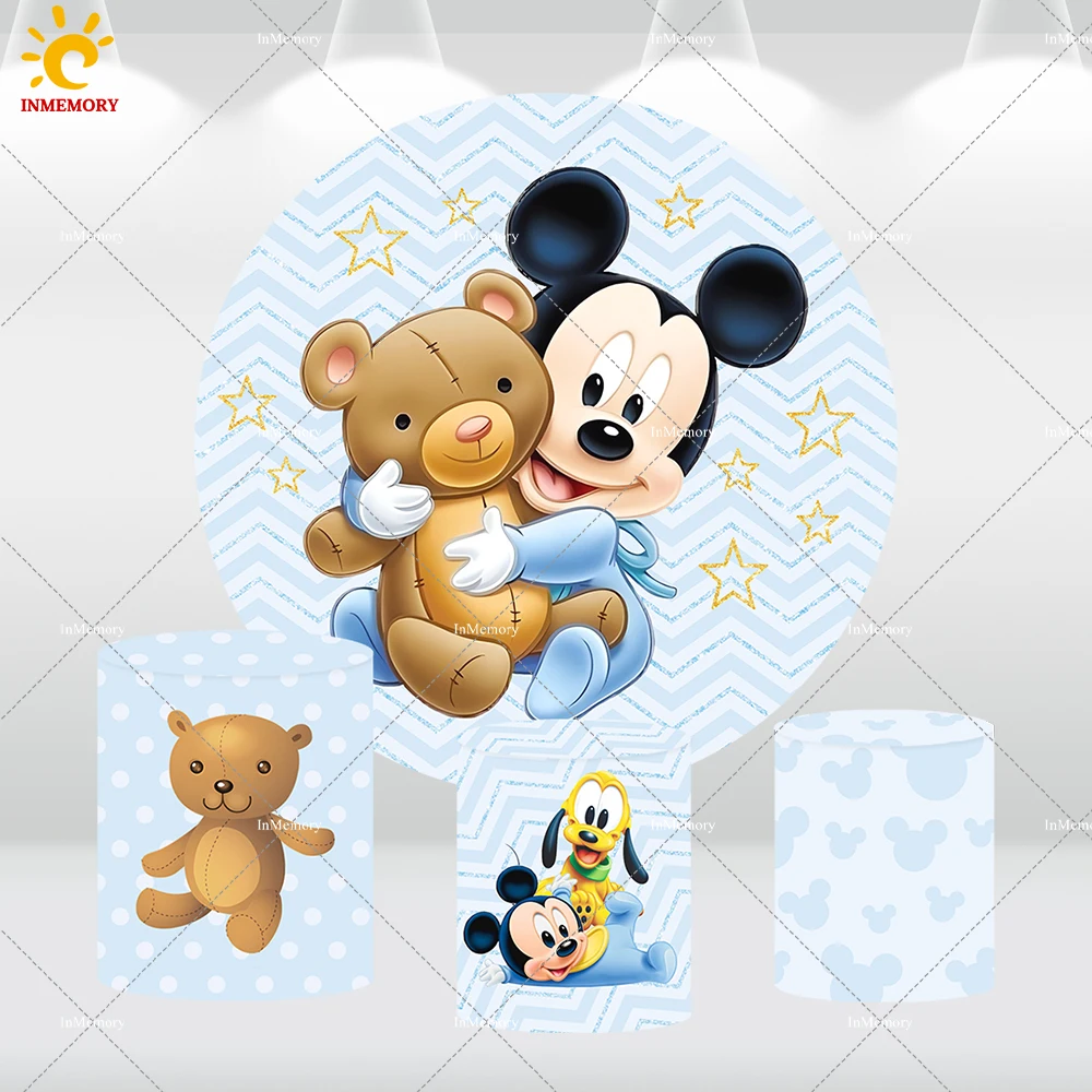 Blue Baby Mickey Mouse Round Circle Sfondo Per Boy Baby Shower Decorazione Compleanno Sfondo Goofy Candy Cilindro Covers