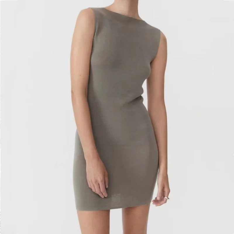 2024 Store Traf women's Party Midi Long Dresses Sexy Grey Knitted Cotton  Mini Tank Dress Trf Stretch Basic Bodycon Official