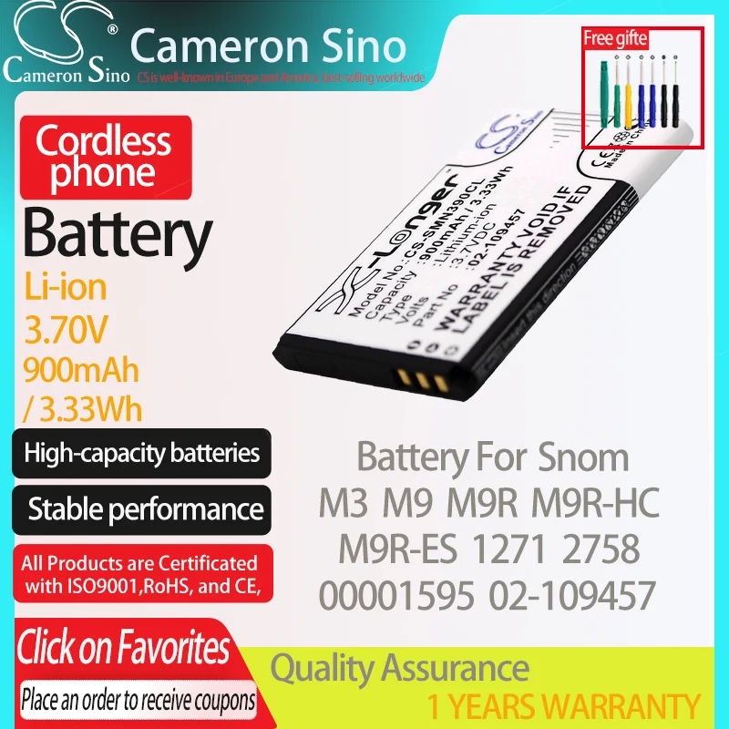 Batteria Cameronsino Per Snom M3 M9 M9R M9R M9R-Es 1271 2758 Adatto A Snom 00001595 02-109457 60020438 Batteria Per Telefono Cordless 900Mah