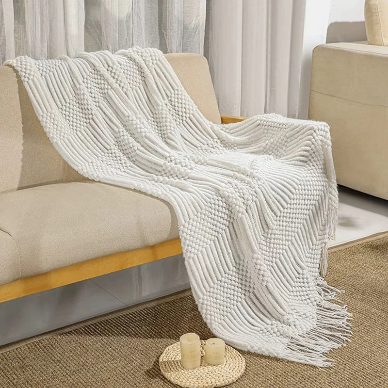 

Knitted Blanket With Fringes Tassels Plain Color Cozy Lazy Blankets Home Decorative Blanket