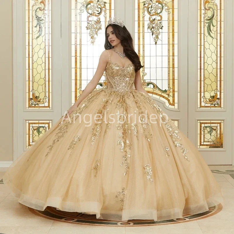 Angelsbridep Customized Champagne Shiny Gold Appliques Vestidos De Fiesta 2025 Ball Gown Quinceanera Dress Evening Party Dresses quinceanera dresses