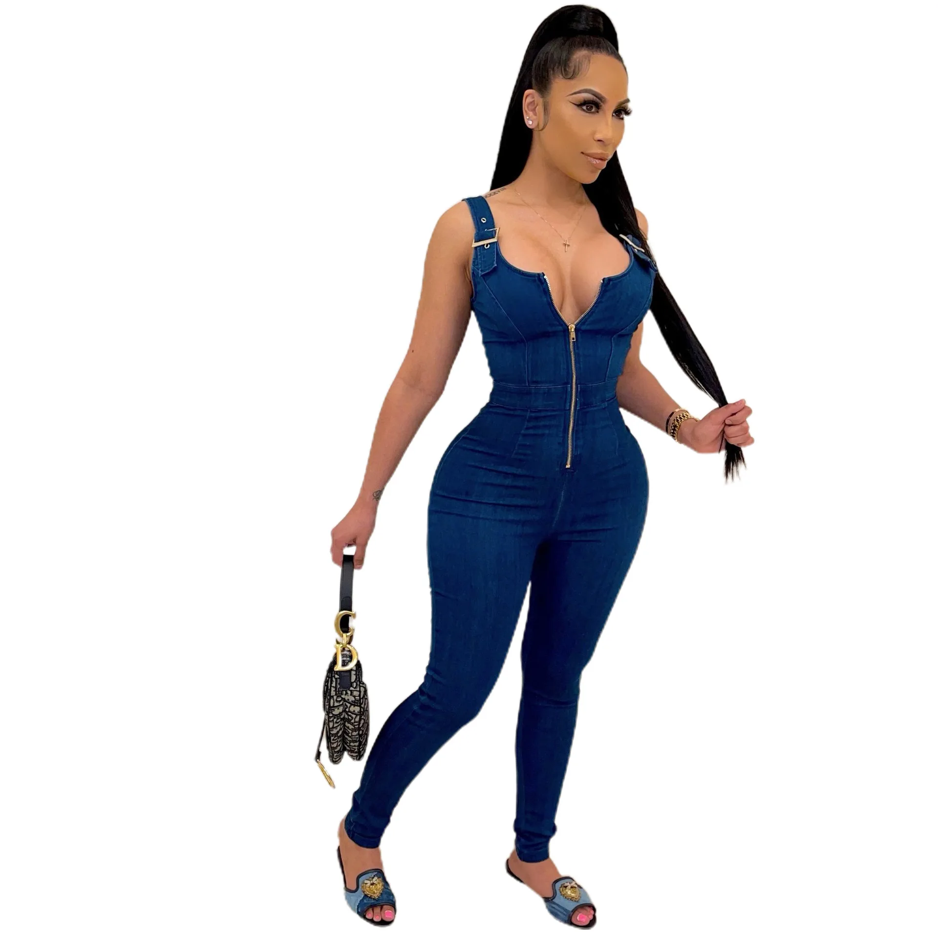 

Summer New Women's High Elastic Strap Pants denim jumpsuit