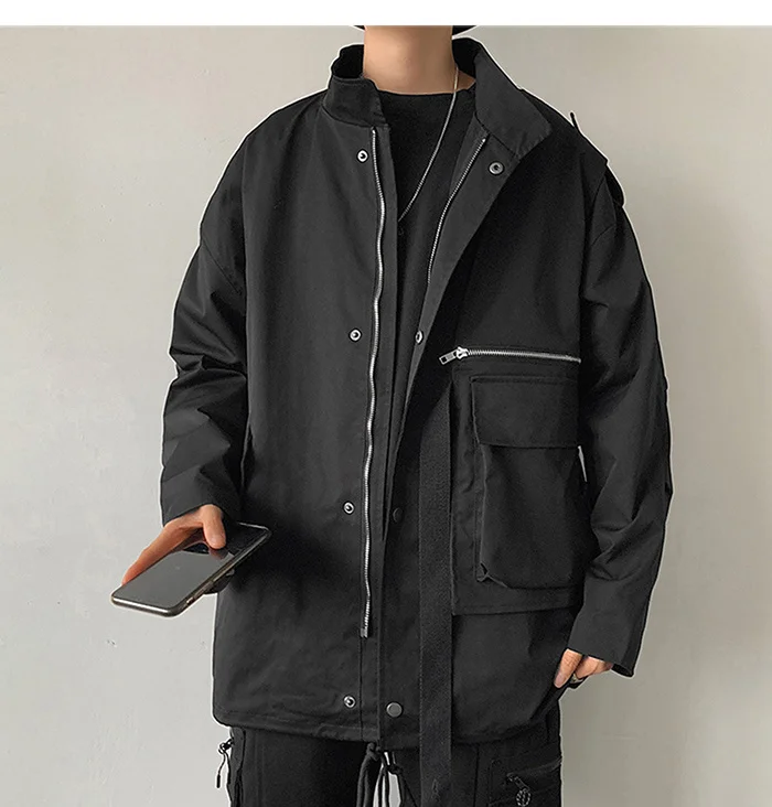 jeans jacket for men Pocket Zipper Ribbon Jacket Coats Men Loose Oversized Windbreaker Coat Hip Hop Streetwear Casual Outwear Black jackets