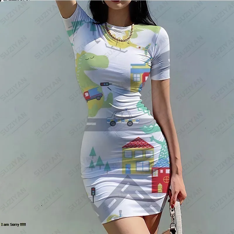

2023 Summer Fashion New Tight Flower Dress Japanese Women's Printing Women's Sexy Round Neck Short Sleeve Wrap Hip Casual Dress