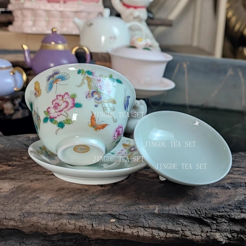 160ml Enamel Covered Bowl Ceramic Butterfly Love Flower Three Talent Bowl Tea Cup Cute Tea Set Tea Set Accessories