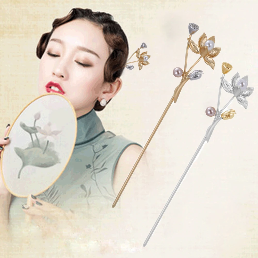 

Fashion Jewelry Hair Fork Bridal Metal Wedding Simple Lotus Hair Style Tools Pearl Hairpin Flower Hair Stick