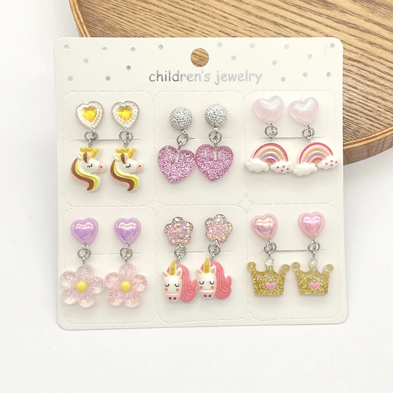 6PRS/SET Unicorn Mermaid Resin Drop Clips on Earrings Girls No Piercing Kids Earring Gift