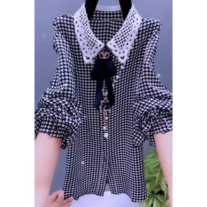 

Short Style Single Panel Collar Western Plaid Blouse Shirt Women Age Reducing Top 2023 Autumn Long Sleeve Blouse T-shirt Female