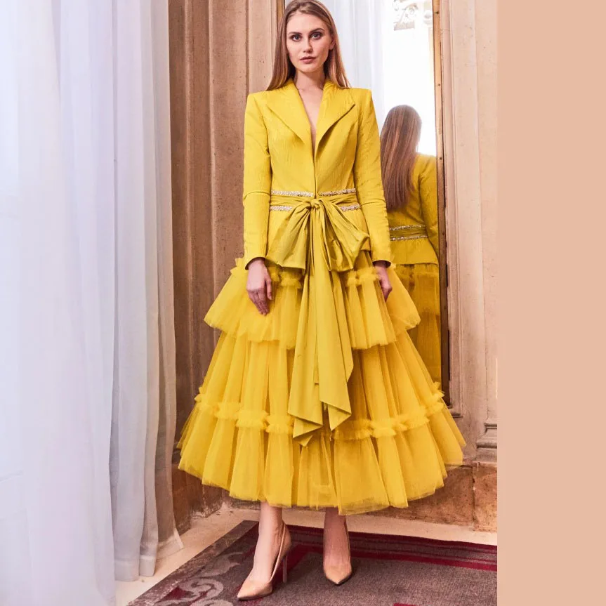 

Ginger Gold Skirts Women Skirt Small Tiered Lush Office Lady Wear Fashion Long Skirts Ankle Length Ruffle jupe femme