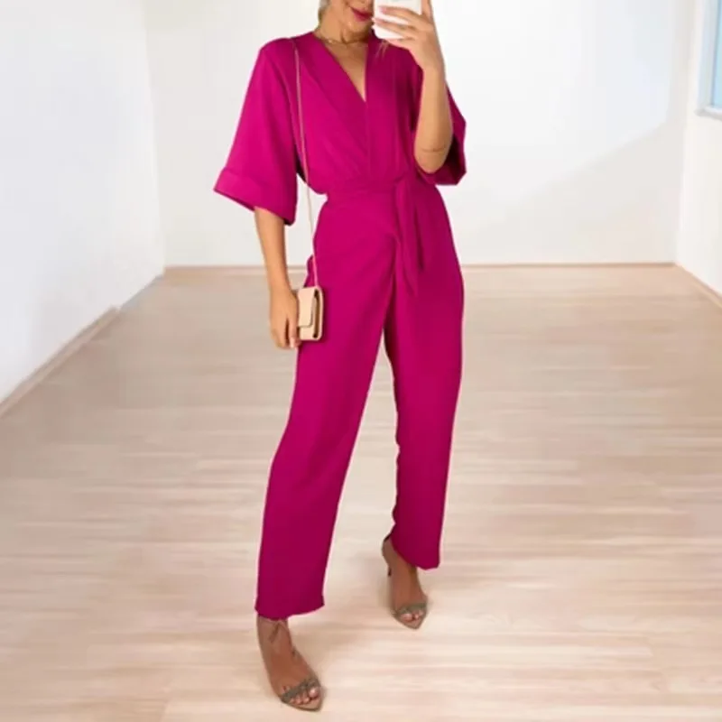 

2023Summer Fashion New Style Temperament Loose Vneck Middle Sleeve Straight Sleeve Long Pants Belt Casual Elegant Women Jumpsuit