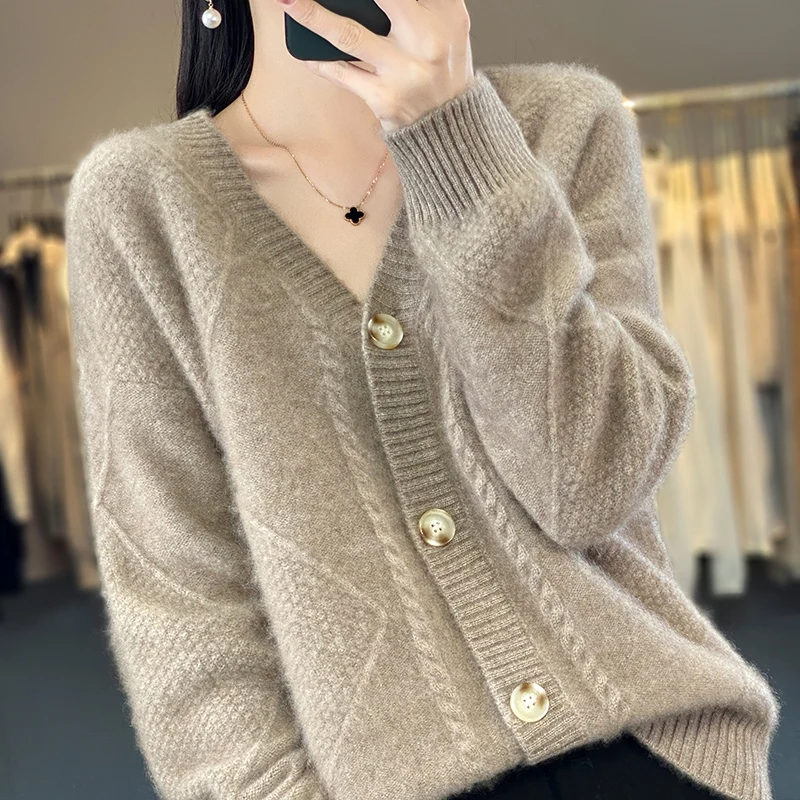 

Autumn and winter New 100 Women's pure cashmere cardigan V Collar twisted loose versatile coat sweater wool knitted bottoming sh