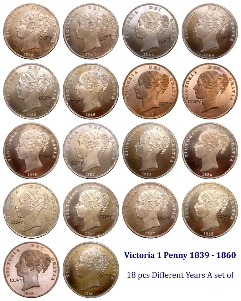 

Большая Великобритания Виктория 1 пенни 1839 - 1860 18 шт. разные годы набор Красной меди КОПИЯ монета коллекционные монеты