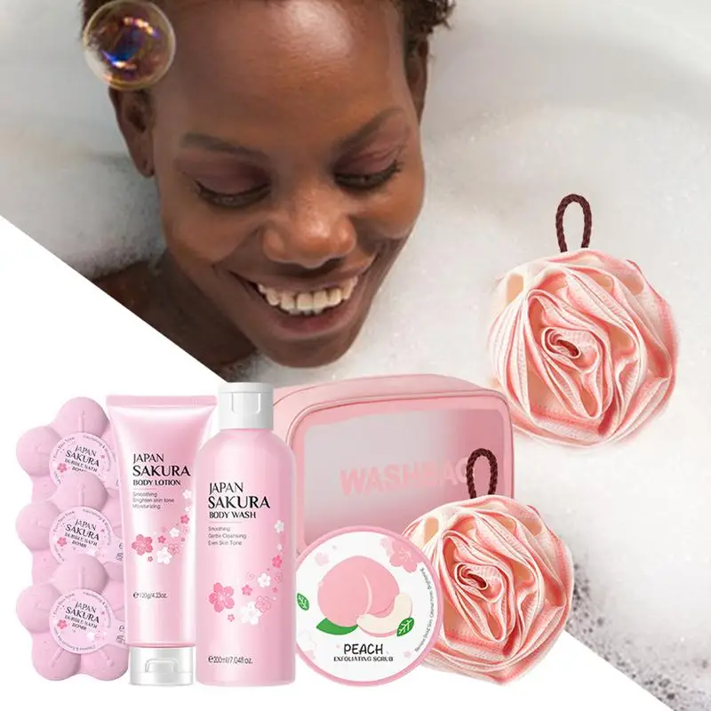 Travel Washing Set Body Moisturizing Set Cherry Bath Bath Includes Scrub Shower Gel Salt Puff Body lotion