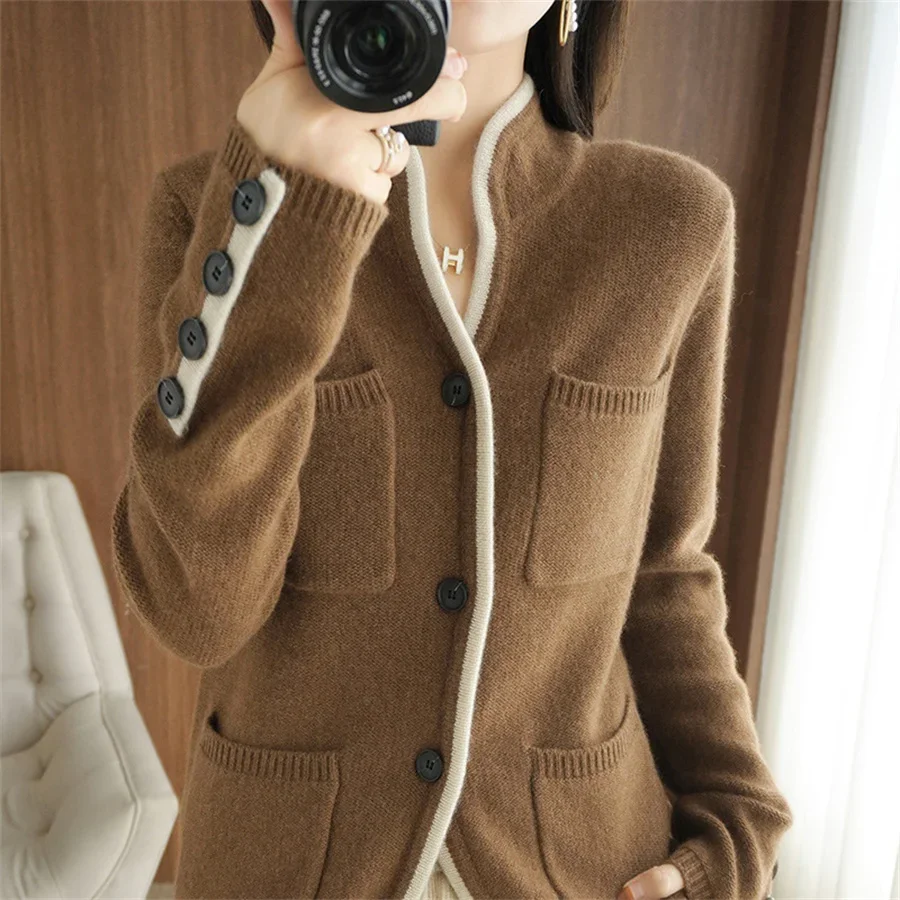 

Women's Cashmere / Wool Sweater Autumn/Winter 2023 New Stand-up Collar Cardigan Casual Knit Tops Korean Plus Size Female Jacket