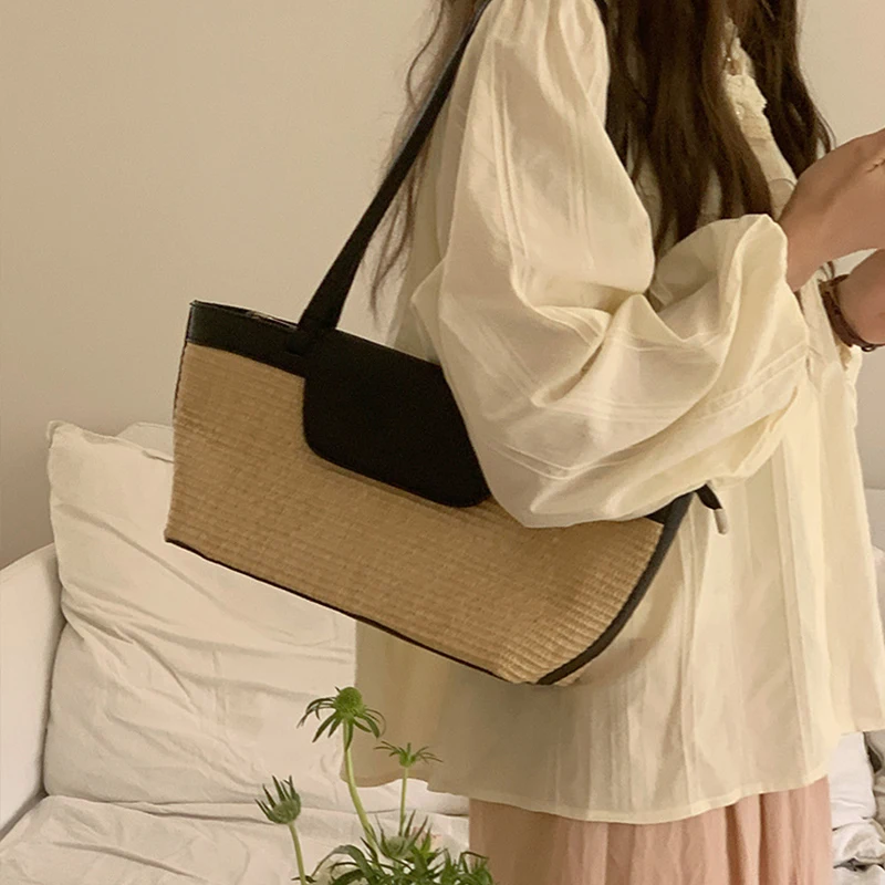 Fashion Women's Large Capacity PU Shoulder Bag Patchwork Woven Stick Tote Casual Handbag with Contrasting Colors 2025 New Style