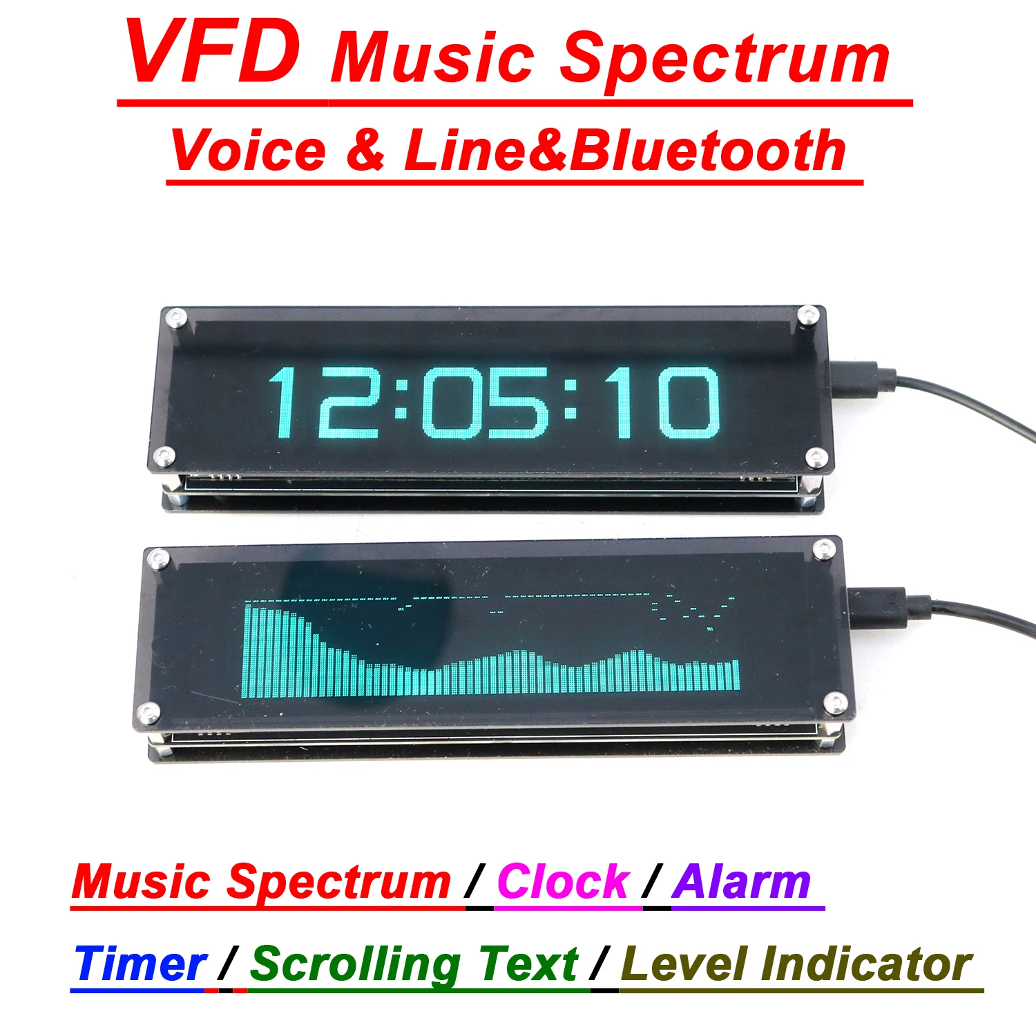 블루투스 VFD 디스플레이 음악 스펙트럼 시계/알람/타이머/오디오 레벨 표시기 자동차 앰프 리듬 분위기 조명 ﻿