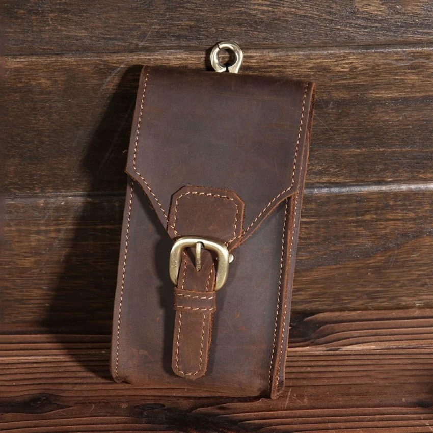 Retro Genuine Cow Leather Men's Waist Bag Outdoor Cellphone Pouch Clutch Wallet Coins Purse Adjustable Buckle