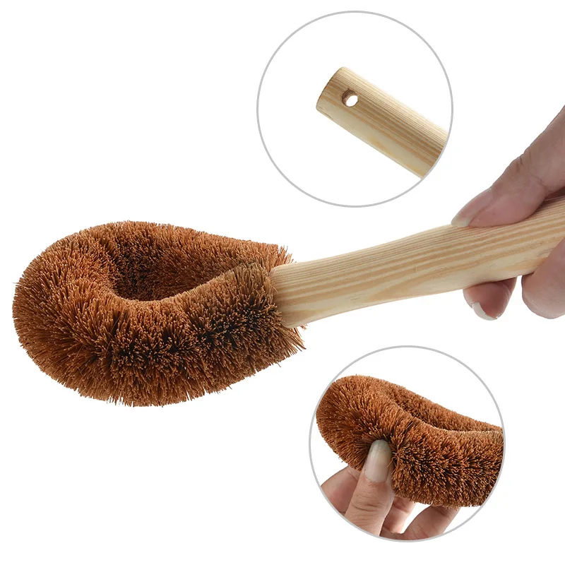 1 STÜCK Natürliche Kokosnussbraune Antihaft-Öl-Topfbürste aus Holz mit langem Griff, Reinigungsbürste zum Aufhängen, Küchenzubehör_voghion.com