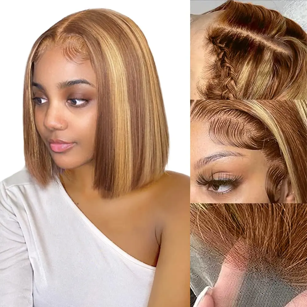 

Highlight Honey Blonde Lace Front Wig Human Hair Ombre P4/27 HD Lace Frontal Bob Wigs Human Hair Glueless Ombre Brown Wig 180%