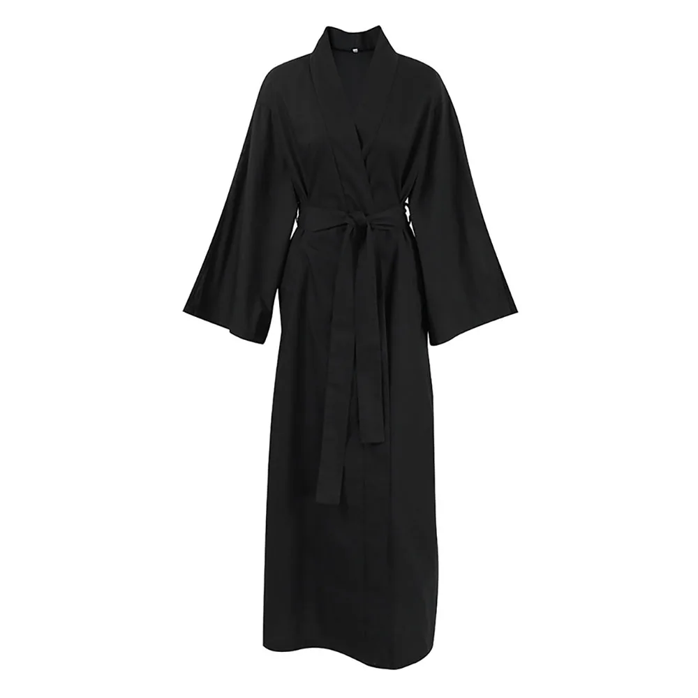 New Solid Long Sleeved Nightgown For Women Casual Loose V-Neck Cardigan Lace-up Cotton Pajama Black Soft Ladies Home Bathrobe