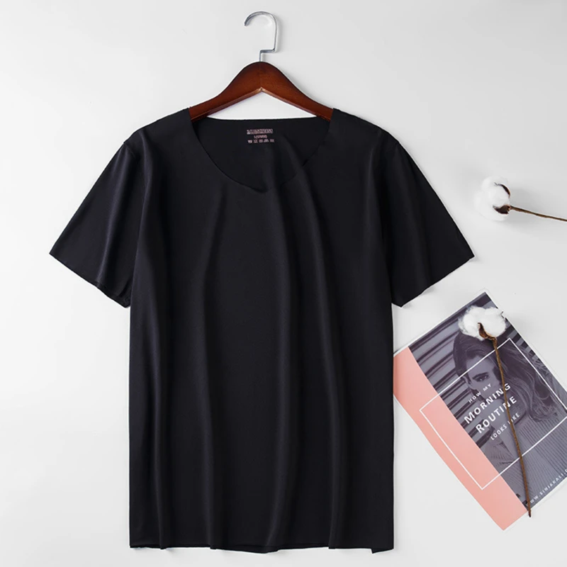 2025 Men's Thin Short Sleeve Ice Silk Without Summer Solid Color T shirt Trace Slim V-neck Bottoming Seamless short sleeve 5