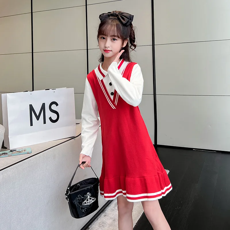 Kids Knitted Sweater Dress Girls Preppy Style Red Dresses Autumn Winter  Child Fashion Turn-down Collar Clothes 4 6 7 8 9 11 12 Y - AliExpress