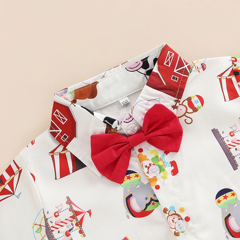 Kids Clothes Toddler Kids Boys 2 Pieces Outfits Farm/Circus Cartoon Animal Print Short Sleeve Shirts Bow Tie + Solid Color Shorts Set