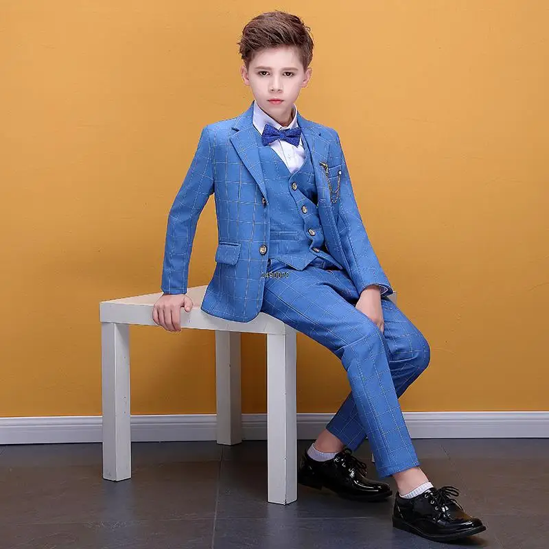

Flower Boys Plaid Blue Photograph Suit Kids Wedding Party Dress Teenager Birthday Tuxedo Dress Children Graduation Stage Costume