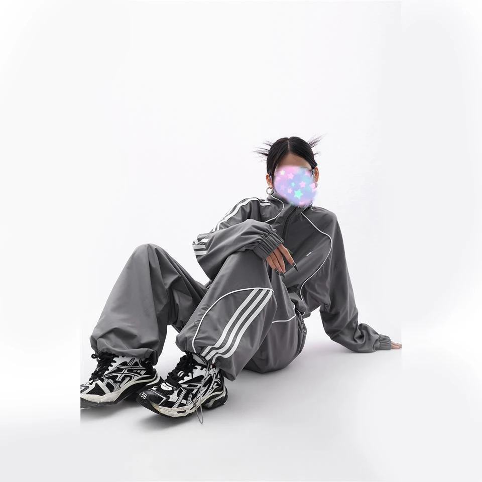 

Ladies Outdoor Sports Top Two-piece suit Grey Sport Coat Fashionable Loose Sweatpants Ladies Outdoor Training Jacket Spring