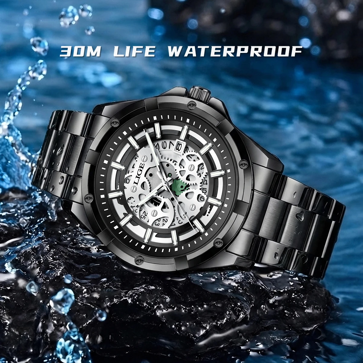 LIGE Luxury Steampunk Skeleton Dial Men's Automatic Mechanical Watch