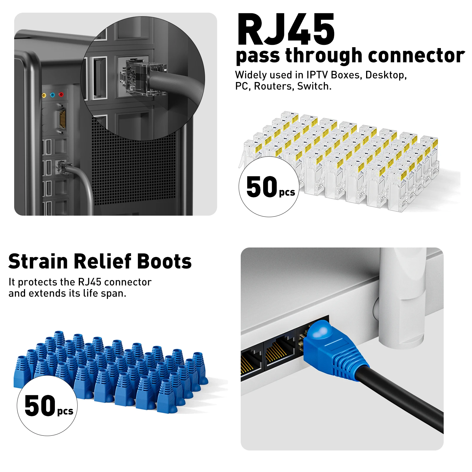 ZOERAX 8 in 1 RJ45 압착 도구 키트, 압착 도구, 케이블 테스터, 와이어 커터, 블레이드, 50Pcs Cat 6 커넥터 및 스트레인 릴리프 부츠