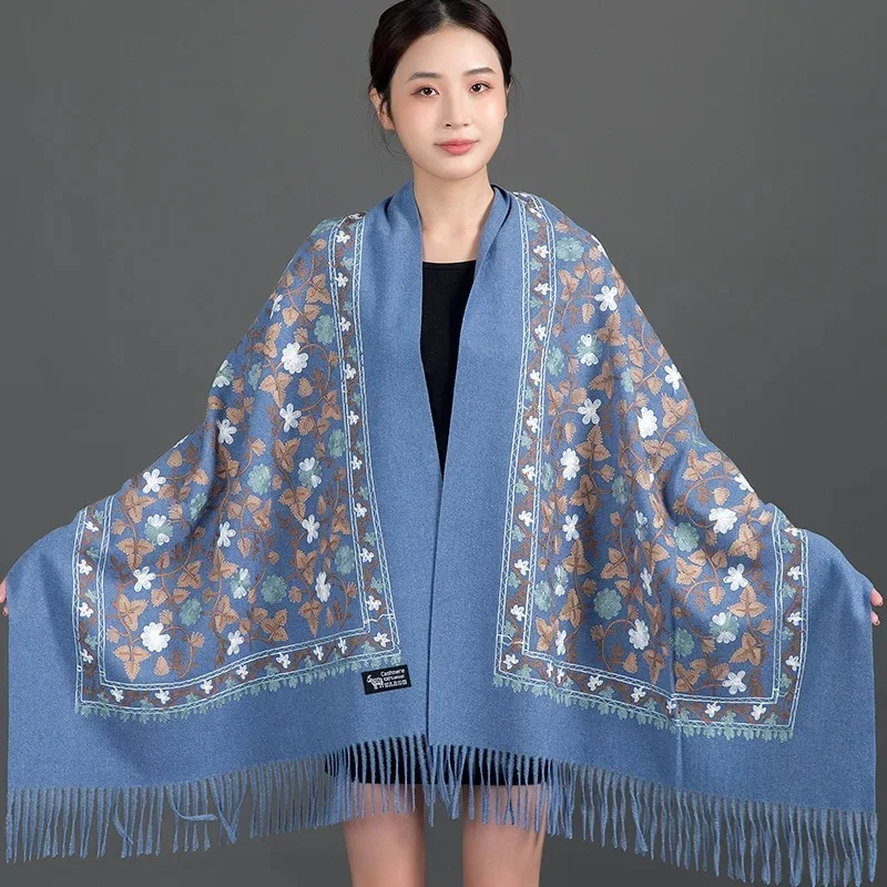 Embroidered ginkgo leaf-denim blue