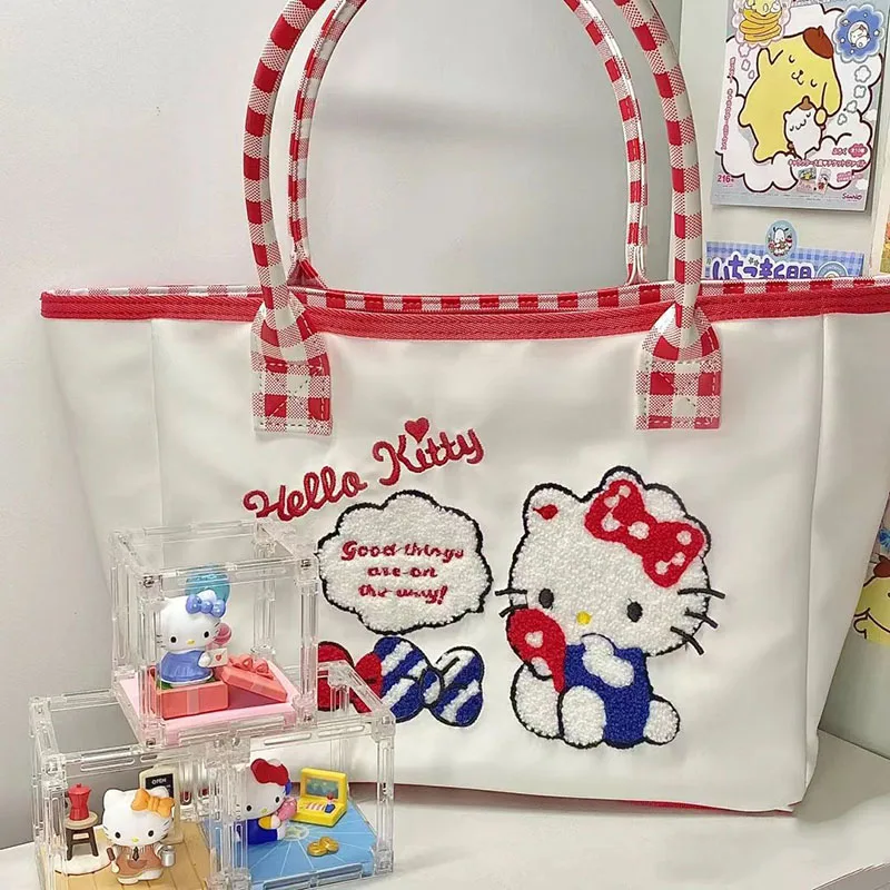 

Сумка-тоут с вышивкой Hello Kitty Kawaii Sanrio Y2K, милая вместительная аниме сумка на плечо для студентов, подарок для девочек, игрушки
