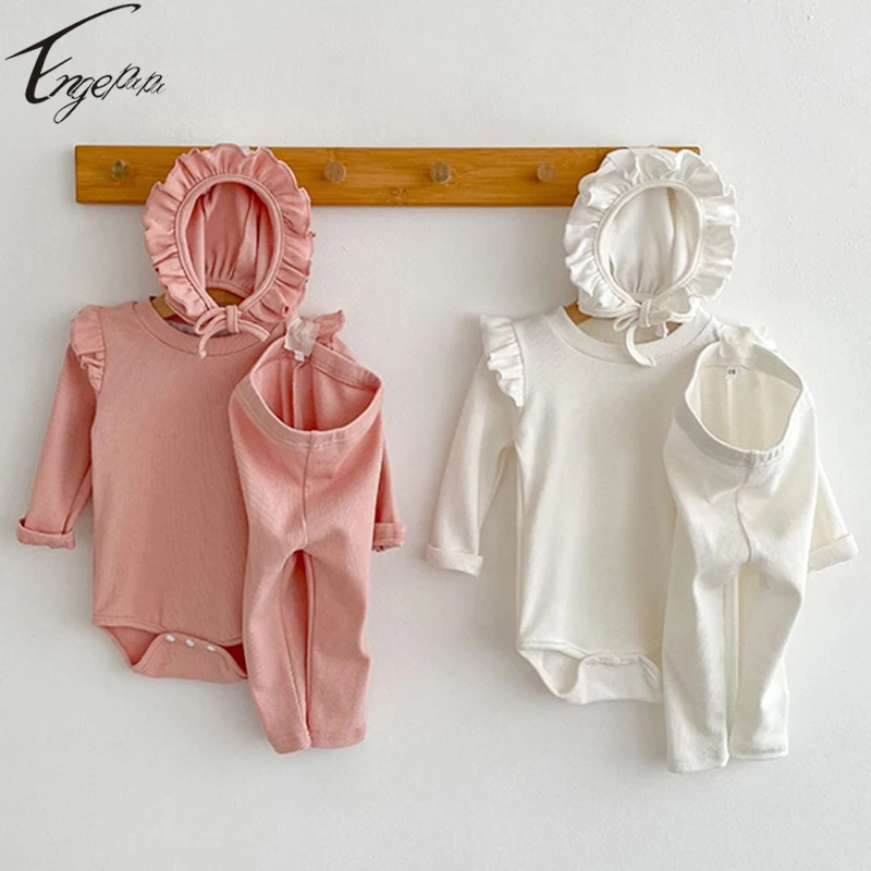 

Engepapa Newborn Baby Girls Solid Color Set Infant Baby Girls Rompers+ Pants+Hat 3PCS Infant Baby Spring Autumn Suit Clothes