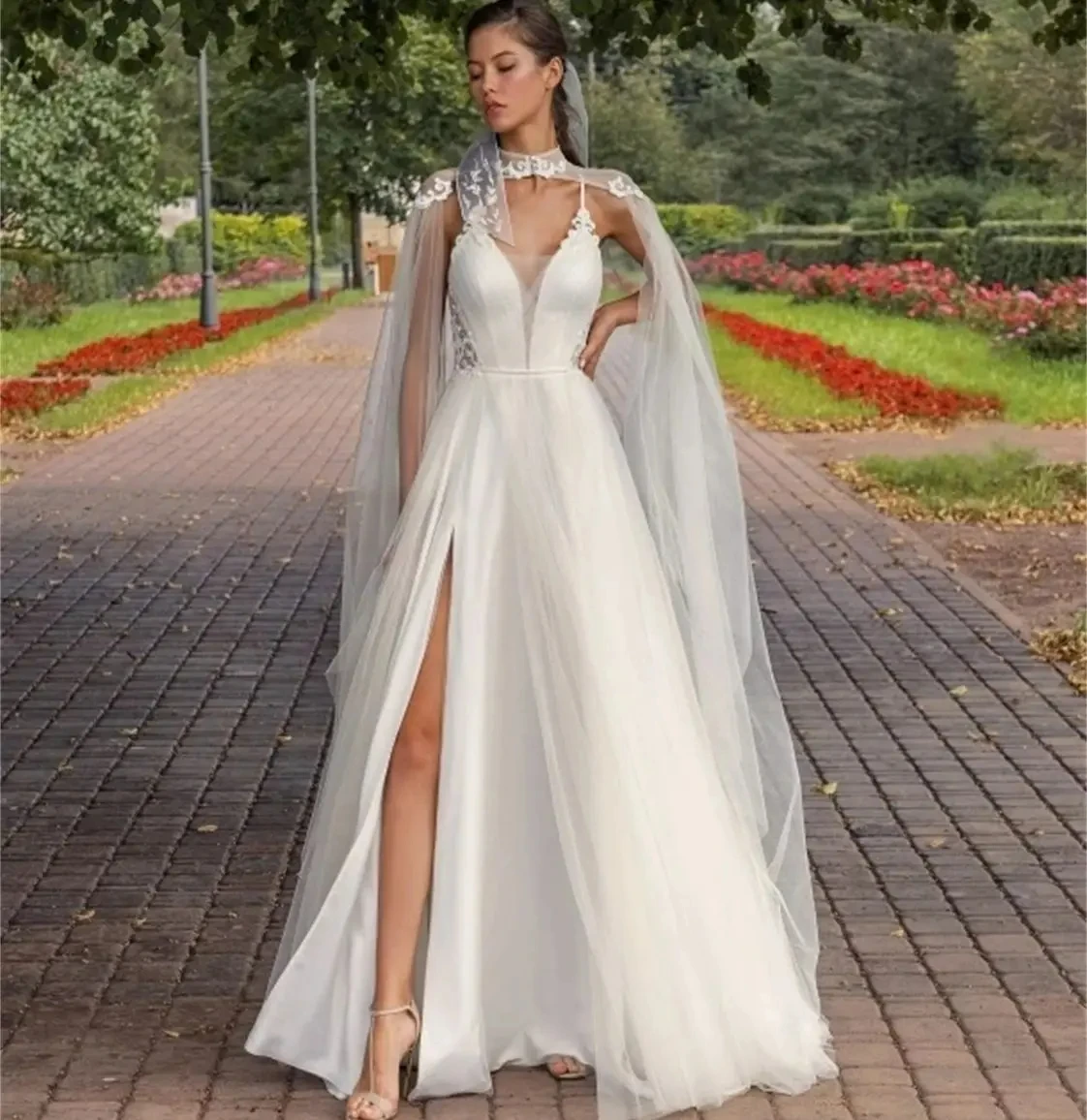

Long Tulle Wedding Jackets Cloak Lace High Neck Bride Capes Bolero White Boho Bridal Shawl Wrap Evening Dress Cover Up Top
