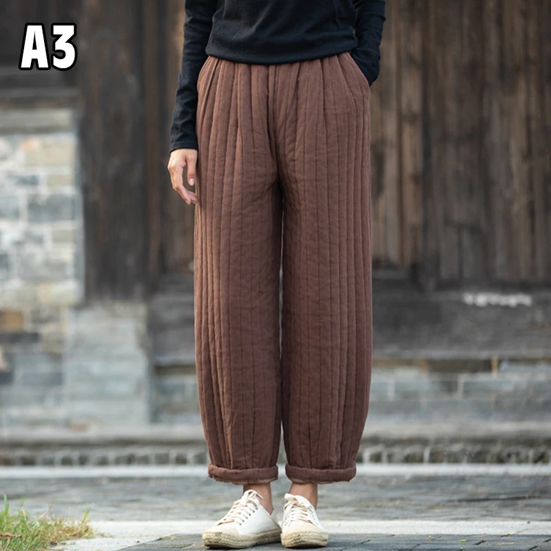 Women Cotton Linen Harem Ankle-length Pants Winter Oversized Thicken Warm Down Cotton Casual  High Waist Jogger Trousers Baggy